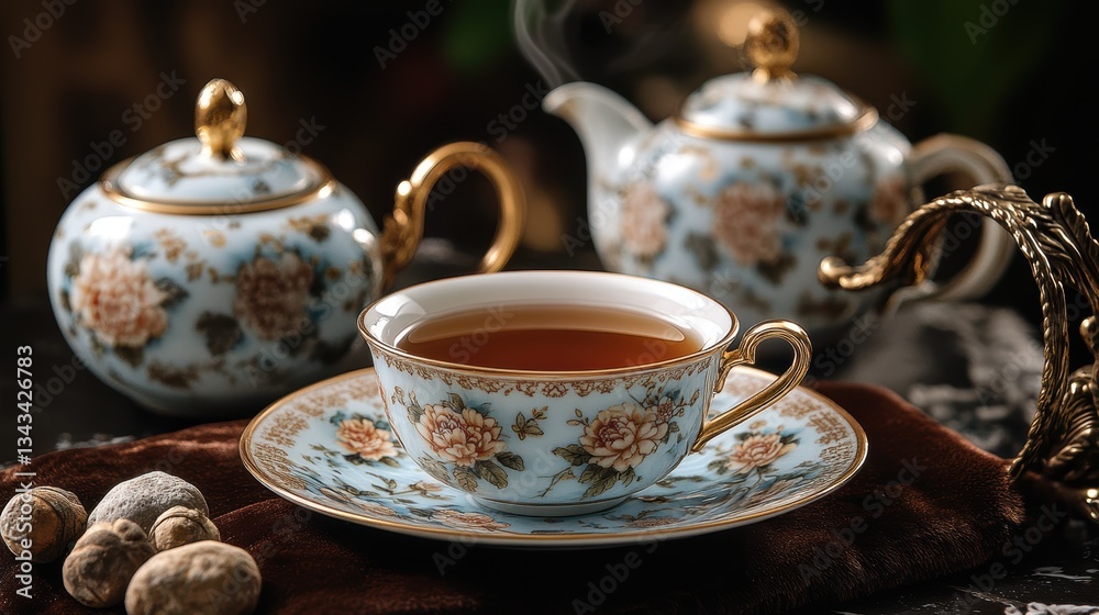 Fototapeta premium A delicate array of porcelain, intricately painted with traditional floral motifs, nestled on a velvet cushion, ready to welcome the aroma of fragrant black tea.