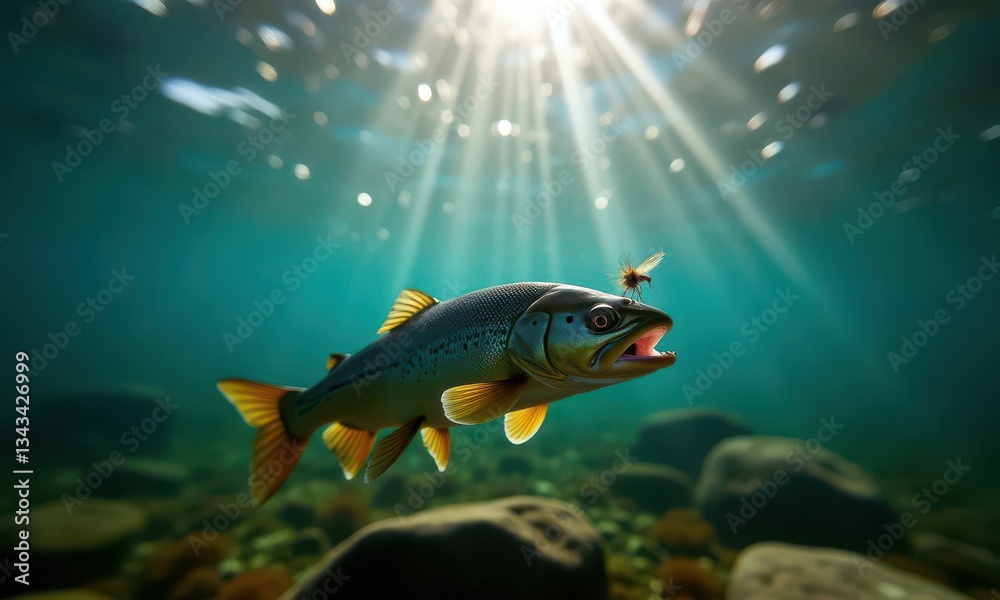 Naklejka premium Riverside fly fishing from underwater perspective with trout investigating bait near surface, dramatic sunlight rays penetrating water, illuminating particles with riverbed stones visible