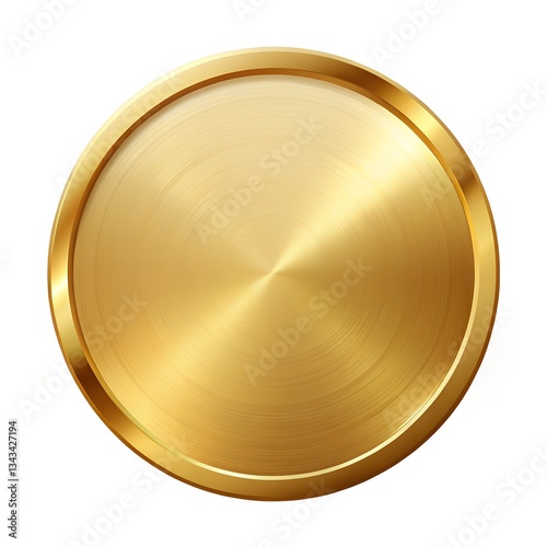gold circle round background. Golden metal round isolated on white. Metallic shiny element. Circular metal button. Ideal for badge, award, border, plaque.