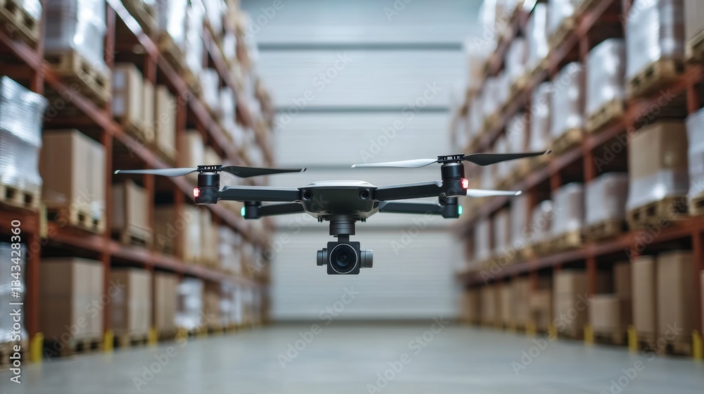 Fototapeta premium ERP software and inventory, A drone hovers in a warehouse filled with neatly stacked boxes, showcasing advanced technology in logistics and inventory management.