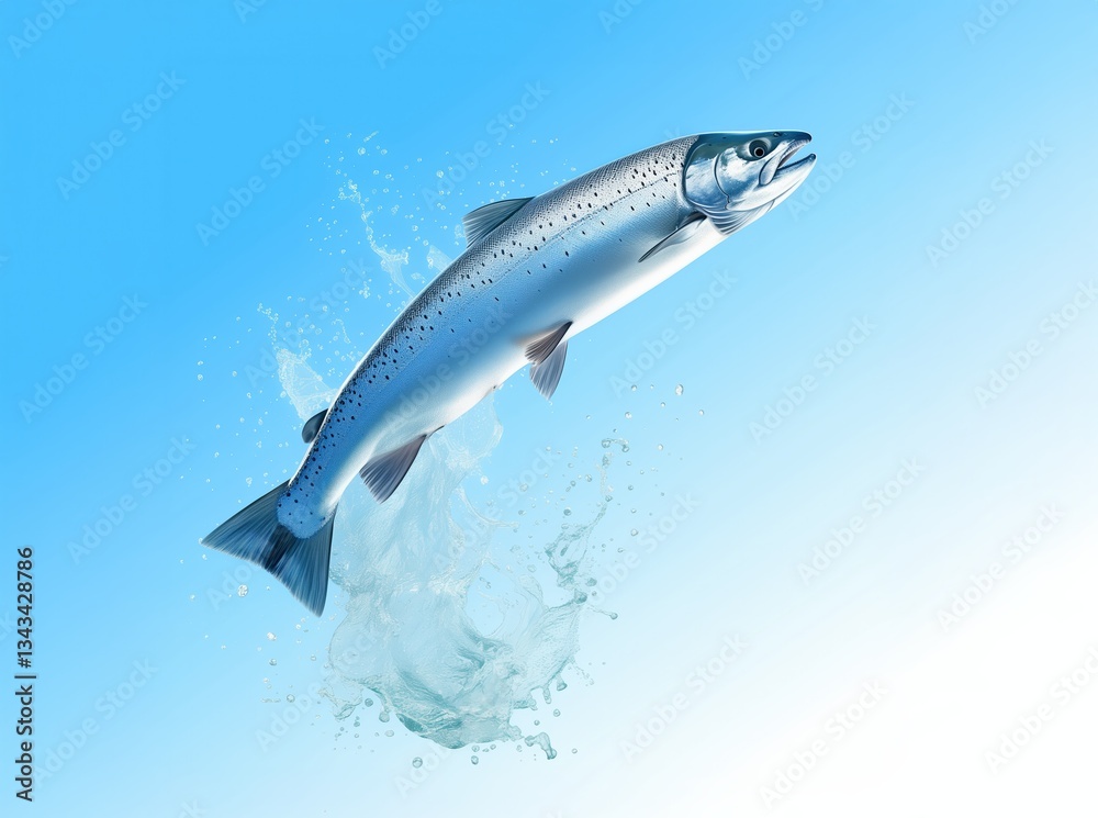 Obraz premium A vibrant, silver-scaled salmon leaps from the water, creating a splash against a clear blue background, symbolizing nature and vitality. Generative by Ai