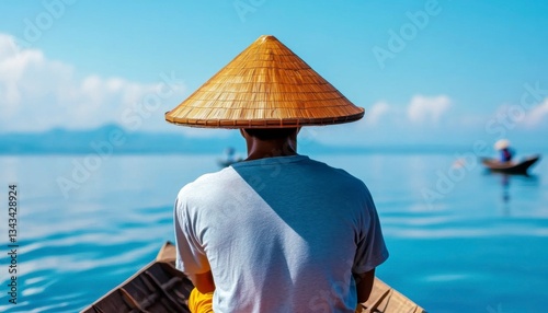 Peaceful journey on water wearing conical hat traditional asian conical hat in serene water view photo