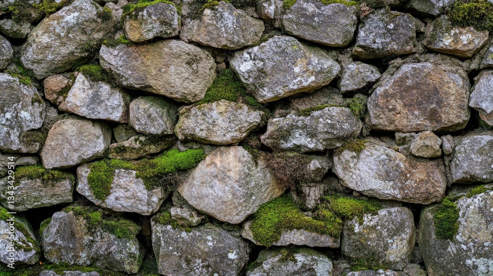 A weathered dry stone wall covered with bright green moss A weathered dry stone wall covered with bright green moss