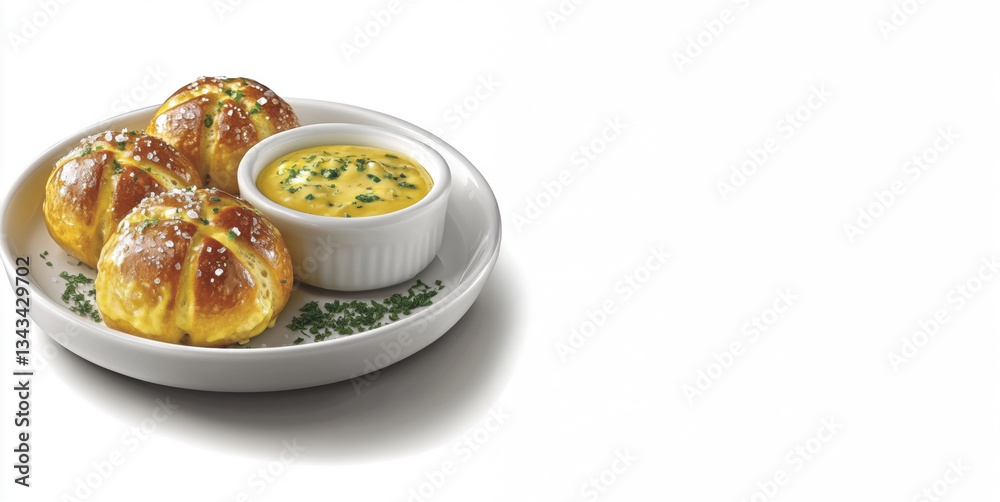 Fototapeta premium Soft Pretzel Rolls with Cheese Dip on White Background. Copy Space.