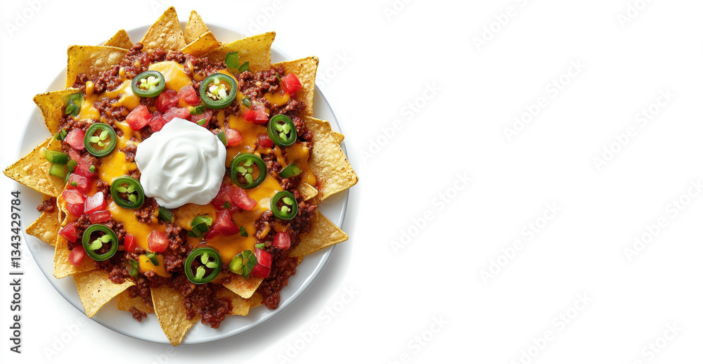 Fototapeta premium Loaded Nachos with Cheese, Ground Beef, Jalapenos, and Sour Cream on White Background. Copy Space.