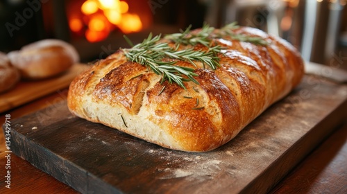 A golden loaf of crusty goodness, studded with fragrant rosemary sprigs, baked in a rustic wood-fired oven, promising warmth and flavor.