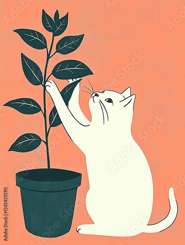 Playful white cat with plant, flat color risograph print, vibrant orange and green tones, simple and elegant design