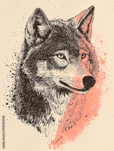 Black ink illustration of a wolf with intricate details, risograph print style on cream and orange textured paper