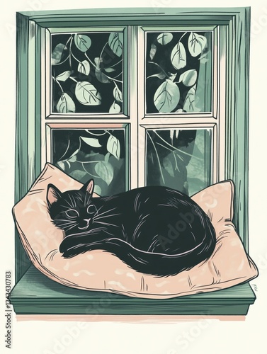 Risograph flat illustration of a black cat sleeping on a cushion by the window with pastel green and cream tones