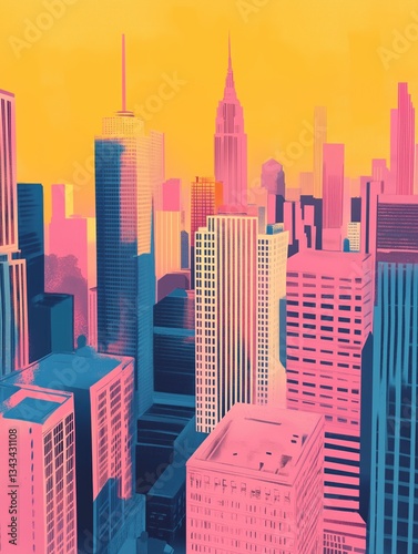 Neon-colored risography of towering skyscrapers with fuchsia, yellow, and blue shades, 3D city scene