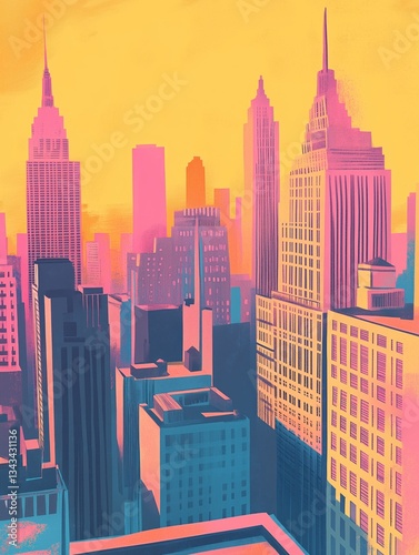 Risography illustration of tall skyscrapers in a big city with neon yellow, pink, and blue colors, 3D depth