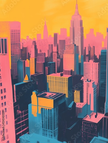 Neon risography of urban skyscrapers in a city with 3D depth and vibrant yellow, pink, and blue tones