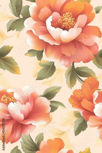Soft Pink Pastel Floral Pattern with Open Orange Flowers and Green Leaves, Elegant Design