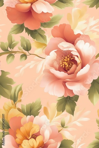 Delicate Open Orange Flowers with Green Leaves on Soft Pink Pastel Background, Beautiful Tile