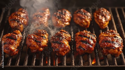 Grilling chicken marinated in jamaican jerk sauce with smoke rising from the hot grill creating an inviting aroma