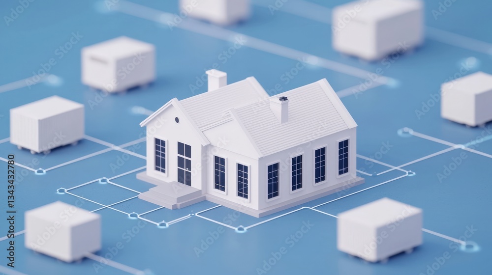 Fototapeta premium ERP software and inventory, A 3D model of a house surrounded by boxes, representing logistics or delivery systems in a digital context.