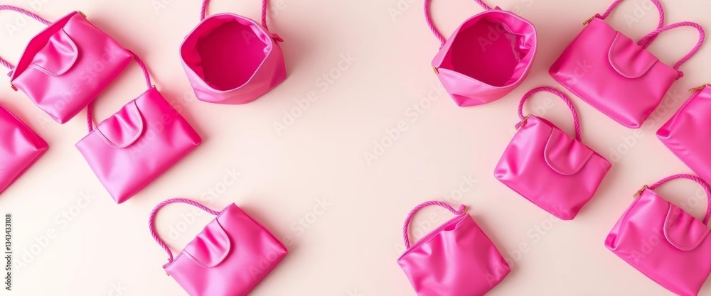 Obraz premium Empty pink satin purses arranged in a geometric pattern on a neutral background, composition, style