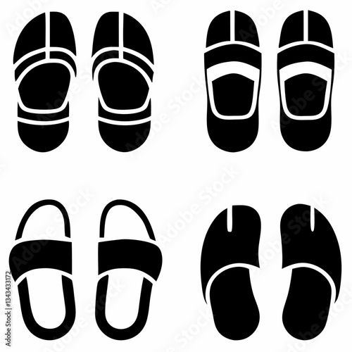 a vector silhouette image of different types of slippers arranged in a grid