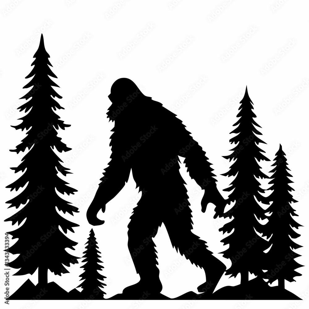 a vector silhouette of a Sasquatch (Bigfoot) walking through a forest a vector silhouette of a Sasquatch (Bigfoot) walking through a forest