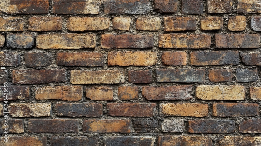 A weathered brick wall shows variations in color and texture A weathered brick wall shows variations in color and texture