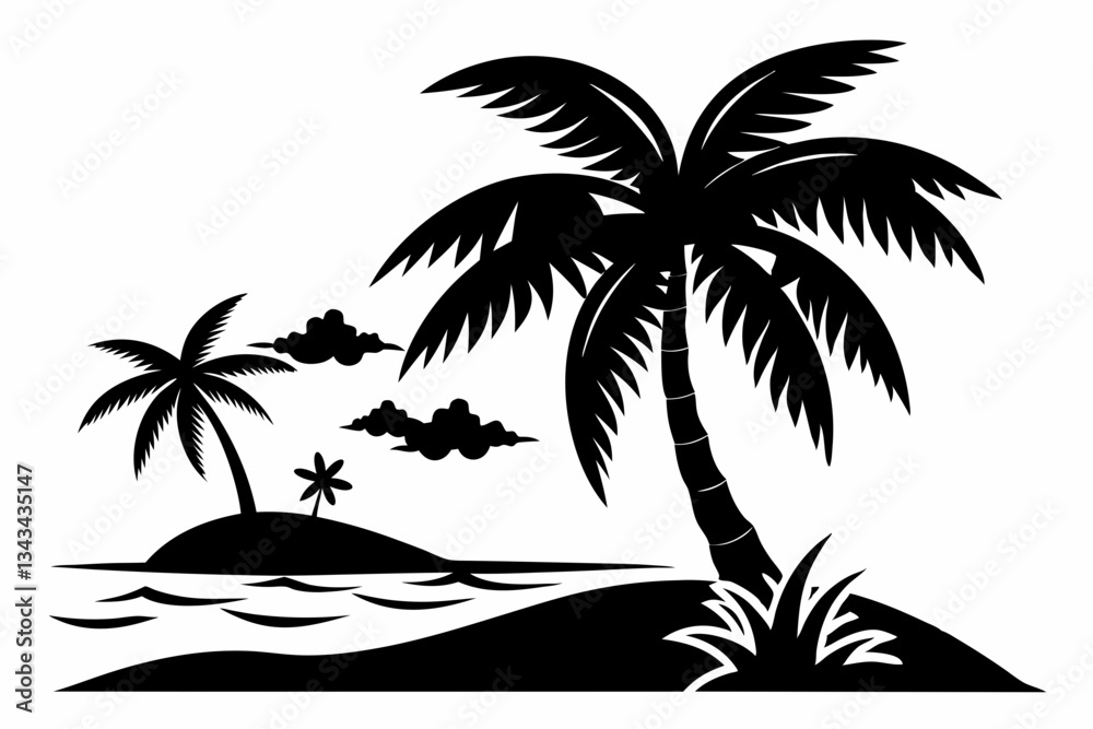 Fototapeta premium beach with palm tree line art silhouette vector illustration