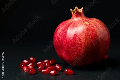Fresh pomegranate with vibrant red seeds on black background, ripe, antioxidant