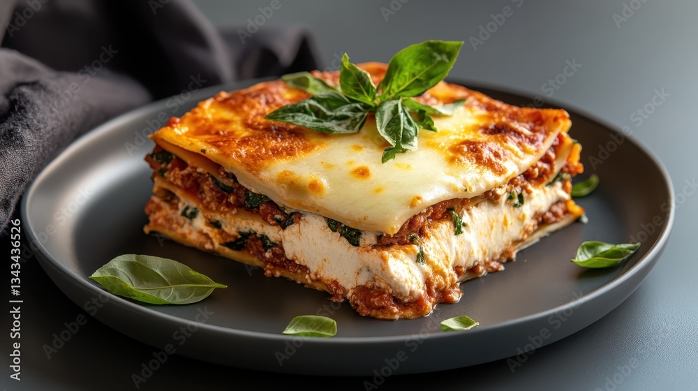 An enticing slice of classic lasagna, layers of cheese, spinach, and hearty meat sauce create visual appeal and a taste that delights the senses in every bite. An enticing slice of classic lasagna, layers of cheese, spinach, and hearty meat sauce create visual appeal and a taste that delights the senses in every bite.