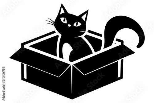 cat in box line art silhouette vector illustration