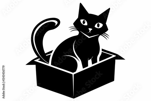 cat in box line art silhouette vector illustration