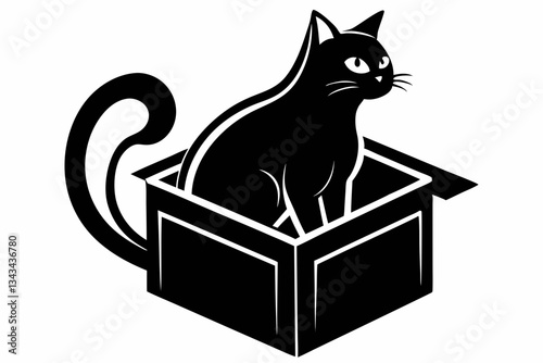 cat in box line art silhouette vector illustration