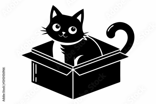 cat in box line art silhouette vector illustration
