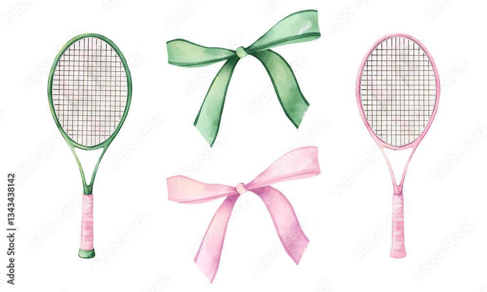 Φωτογραφία Watercolor Hand Painted Set of Bows and Tennis Rackets: Pink and Green Aesthetic