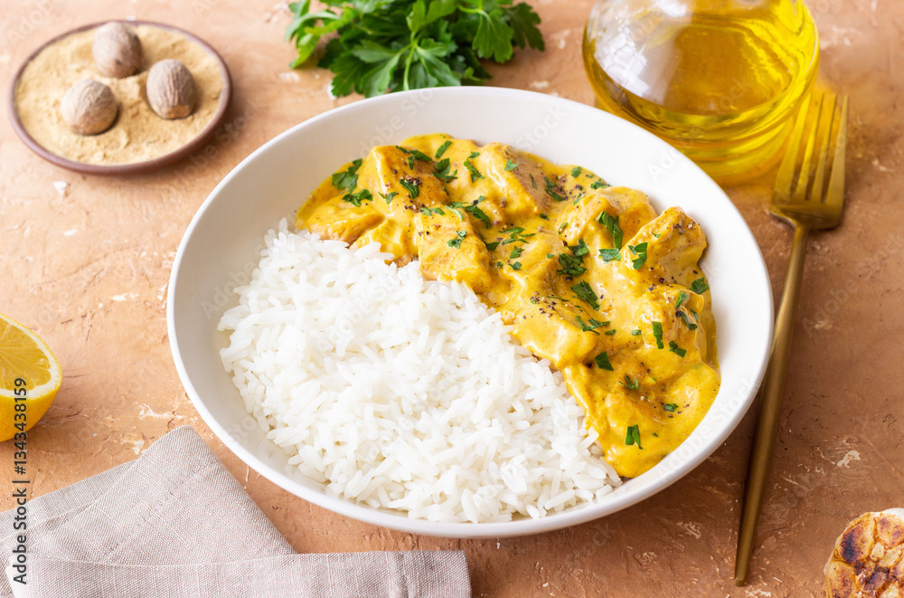 Chicken curry with rice. Tikka Masala. Indian food. Chicken curry with rice. Tikka Masala. Indian food.