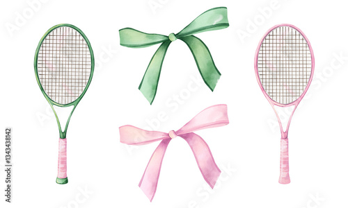 Watercolor Hand Painted Set of Bows and Tennis Rackets: Pink and Green Aesthetic Set for Creative Projects, Tennis Sport and Decorative Elements