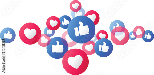 Thumbs up and like heart emoticons floating on transparent background, representing positive feedback, engagement reaction, content, viral online presence on social media platforms