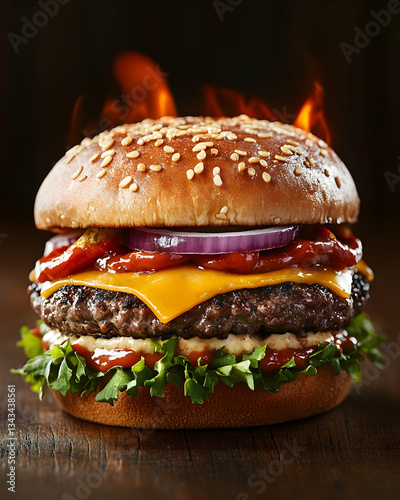 A juicy double cheeseburger with flame-grilled patties, melted cheese, red onion, lettuce, and ketchup on a sesame seed bun