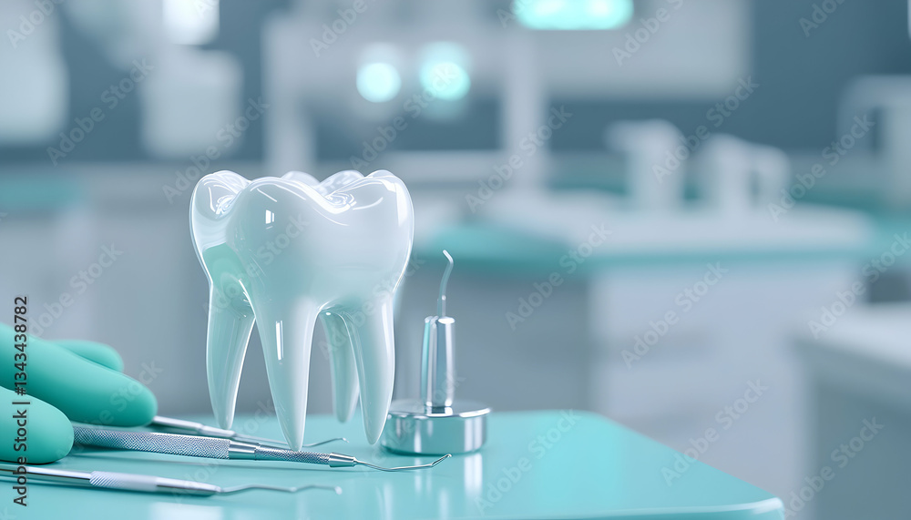 A large, healthy tooth model sits on a dentist's table alongside dental tools A large, healthy tooth model sits on a dentist's table alongside dental tools