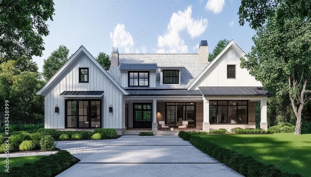 A modern farmhouse styled house surrounded by green trees and blue sky A modern farmhouse styled house surrounded by green trees and blue sky