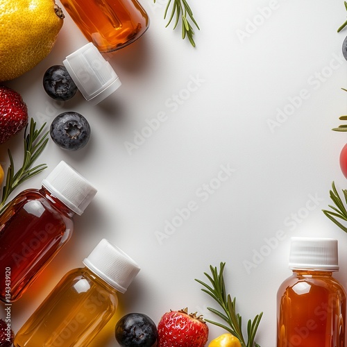 Various bottles of natural liquids surrounded by fresh fruits for a vibrant display of healthy extracts and flavors