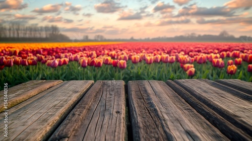 Empty wooden table with colorful tulip field at sunset creating stunning scenery