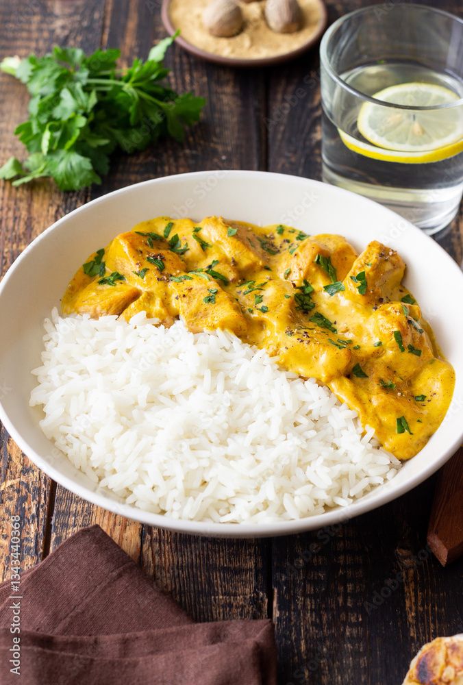 Chicken curry with rice. Tikka Masala. Indian food. Chicken curry with rice. Tikka Masala. Indian food.