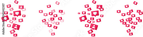 Red and pink social media bubble chat icons with hearts and comments flying on transparent background, vector element set for expressing connection, engagement, online community, popularity and trend