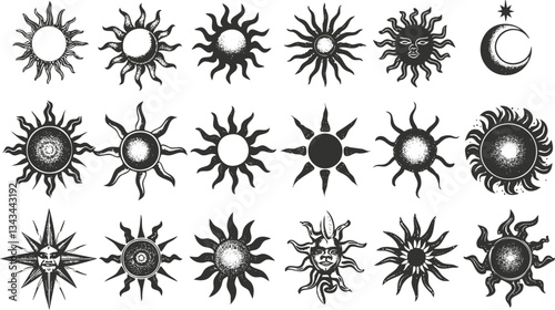 Collection of decorative sun and moon symbol designs in black and white