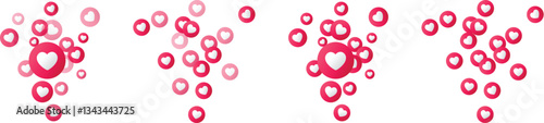 Love icon buttons with red and pink hearts floating on transparent background, symbolizing social media love reaction, emotion, feeling, engagement and positive feedback