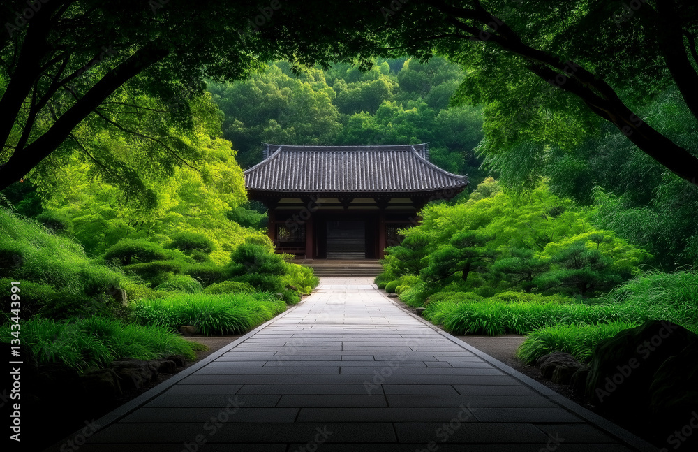 serene traditional Japanese temple surrounded by lush greenery, featuring stone pathway leading to entrance. tranquil atmosphere invites reflection and peace serene traditional Japanese temple surrounded by lush greenery, featuring stone pathway leading to entrance. tranquil atmosphere invites reflection and peace