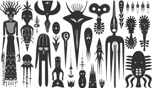 Abstract black and white surreal character designs with symbolic elements