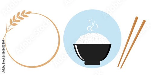 Rice or wheat logo, rice bowl and wooden chopsticks icon signs isolated on white background vector.