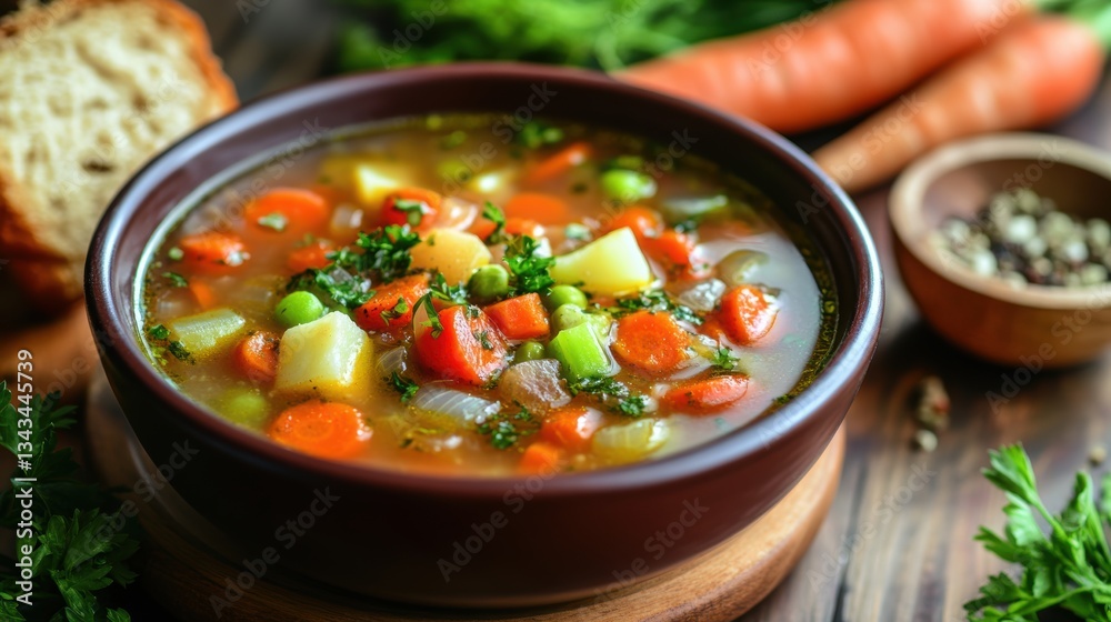 A steaming bowl of vegetable soup, a comforting embrace of earthy flavors, featuring a vibrant medley of carrots, onions, celery, potatoes, and herbs, served with crusty bread for dipping. A steaming bowl of vegetable soup, a comforting embrace of earthy flavors, featuring a vibrant medley of carrots, onions, celery, potatoes, and herbs, served with crusty bread for dipping.