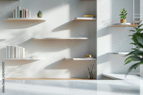 Modern wavy bookshelf with organic flowing curves perfect for organizing books and decor in a living room or home office. Stylish background setting for online work.