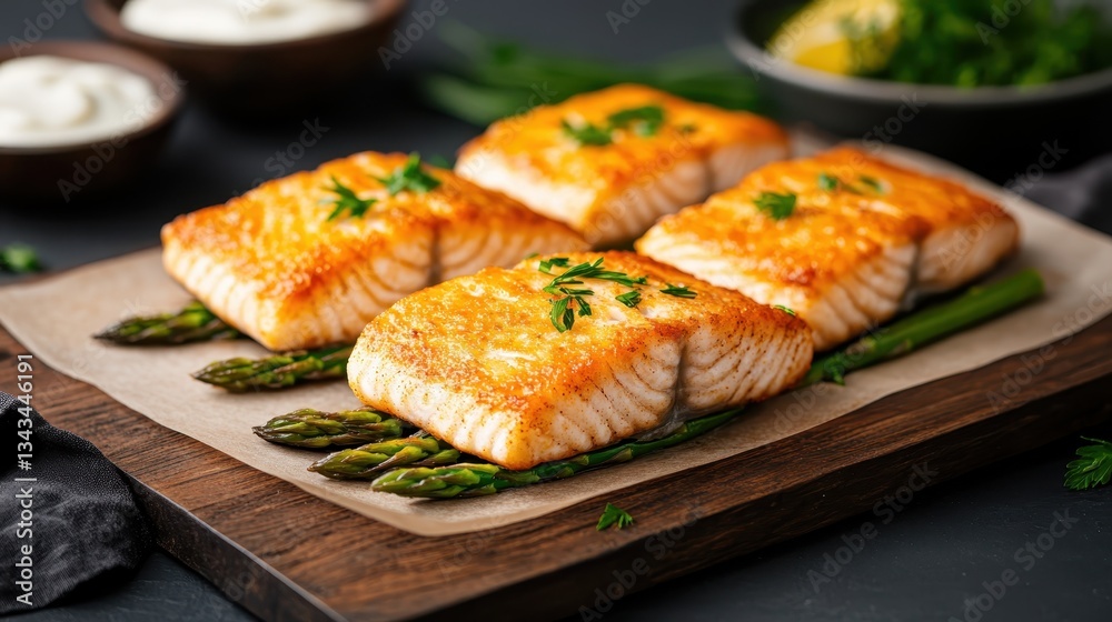 This appetizing image features beautifully cooked salmon fillets resting on a bed of fresh asparagus, garnished with parsley, perfect for food enthusiasts and culinary inspirations. This appetizing image features beautifully cooked salmon fillets resting on a bed of fresh asparagus, garnished with parsley, perfect for food enthusiasts and culinary inspirations.